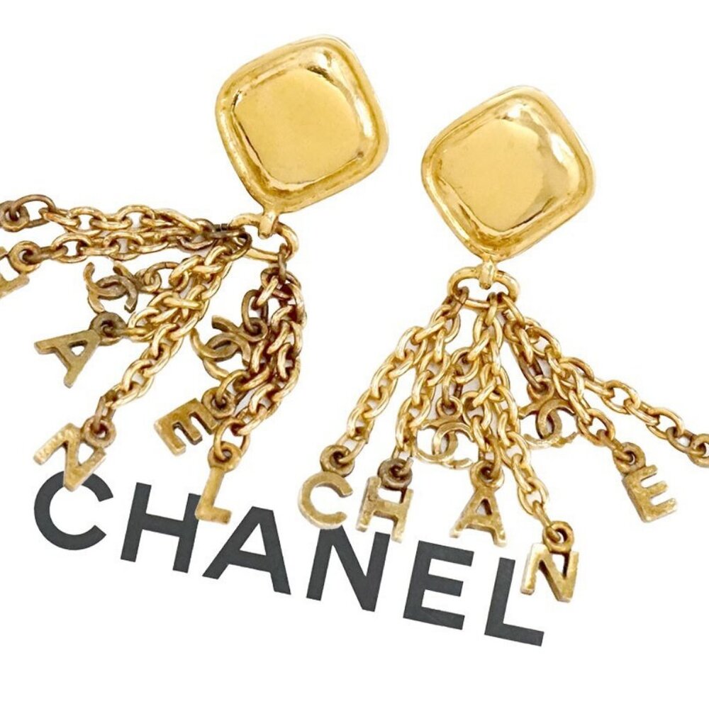 CHANEL CC Logos Fringe Dangle Clip-On Earrings Gold Tone Auth w/Box h1101 - Picture 2 of 7